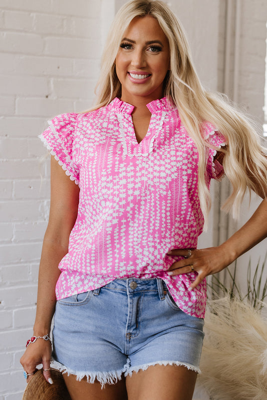 Pink Abstract Print Ric Rac Trim Flutter Sleeve Notch V Neck Blouse Pink 100%Polyester Blouses & Shirts JT's Designer Fashion