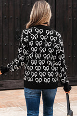 Black Cute Bow Pattern Drop Shoulder Zipped Collar Sweater Sweaters JT's Designer Fashion