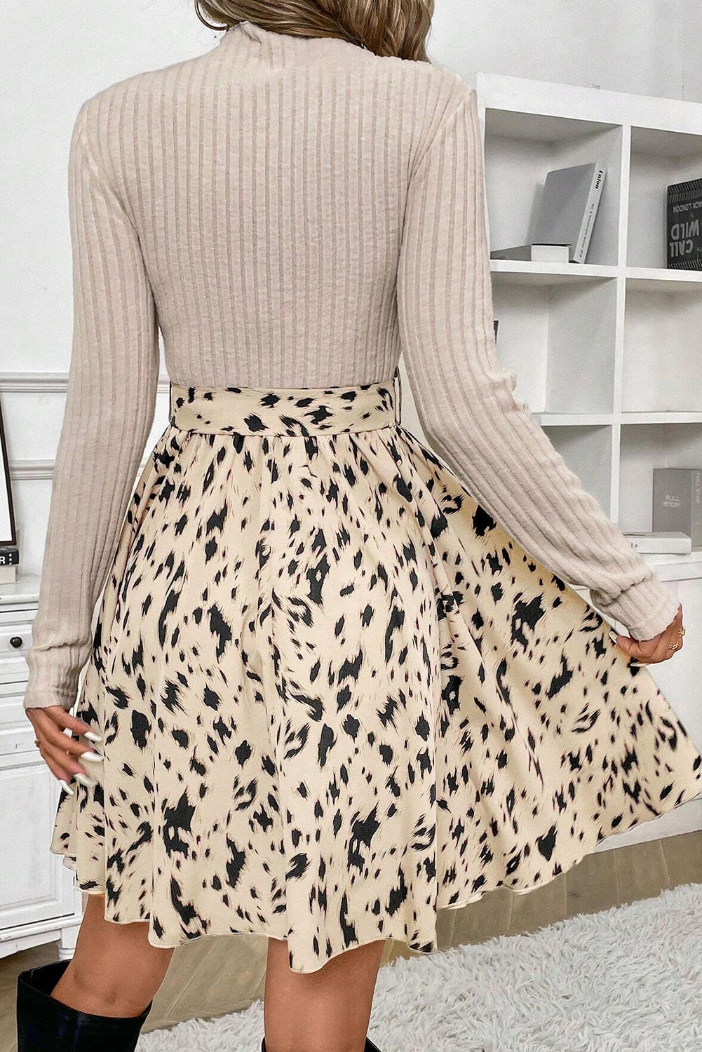 Beige Ribbed Knit Patchwork Printed Belted A-line Dress Mini Dresses JT's Designer Fashion