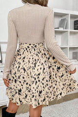 Beige Ribbed Knit Patchwork Printed Belted A-line Dress Mini Dresses JT's Designer Fashion