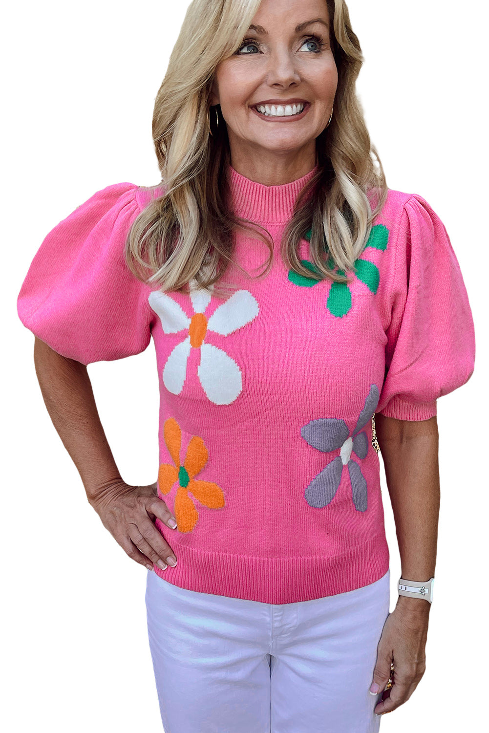 Bright Pink Floral Bubble Short Sleeve Sweater Sweaters & Cardigans JT's Designer Fashion