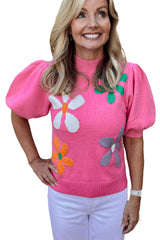 Bright Pink Floral Bubble Short Sleeve Sweater Sweaters & Cardigans JT's Designer Fashion