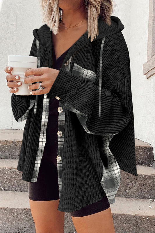 Black Waffle Knit Plaid Patchwork Drawstring Hooded Shacket Black 95%Polyester+5%Elastane Jackets JT's Designer Fashion