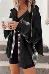 Black Waffle Knit Plaid Patchwork Drawstring Hooded Shacket Black 95%Polyester+5%Elastane Jackets JT's Designer Fashion