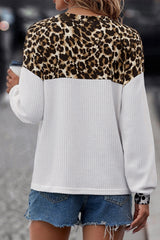 White Leopard Waffle Knit Patchwork Button V Neck Top Long Sleeve Tops JT's Designer Fashion