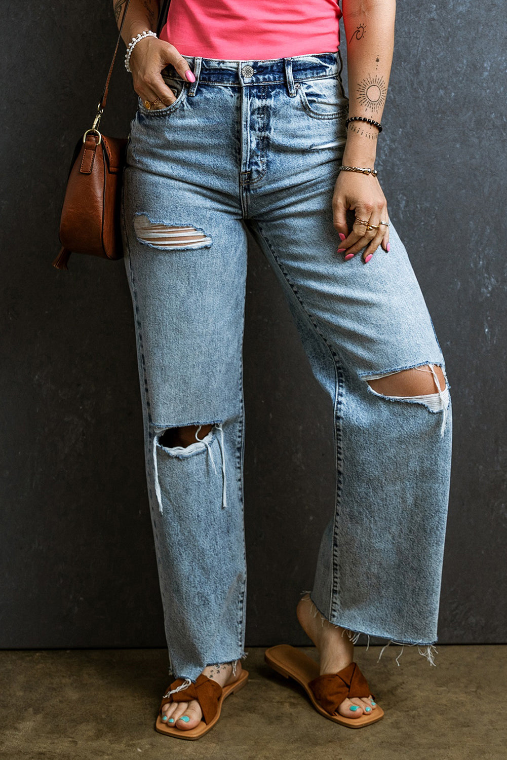 Light Blue Distressed Ripped Raw Hem Straight Jeans Jeans JT's Designer Fashion