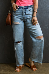 Light Blue Distressed Ripped Raw Hem Straight Jeans Jeans JT's Designer Fashion