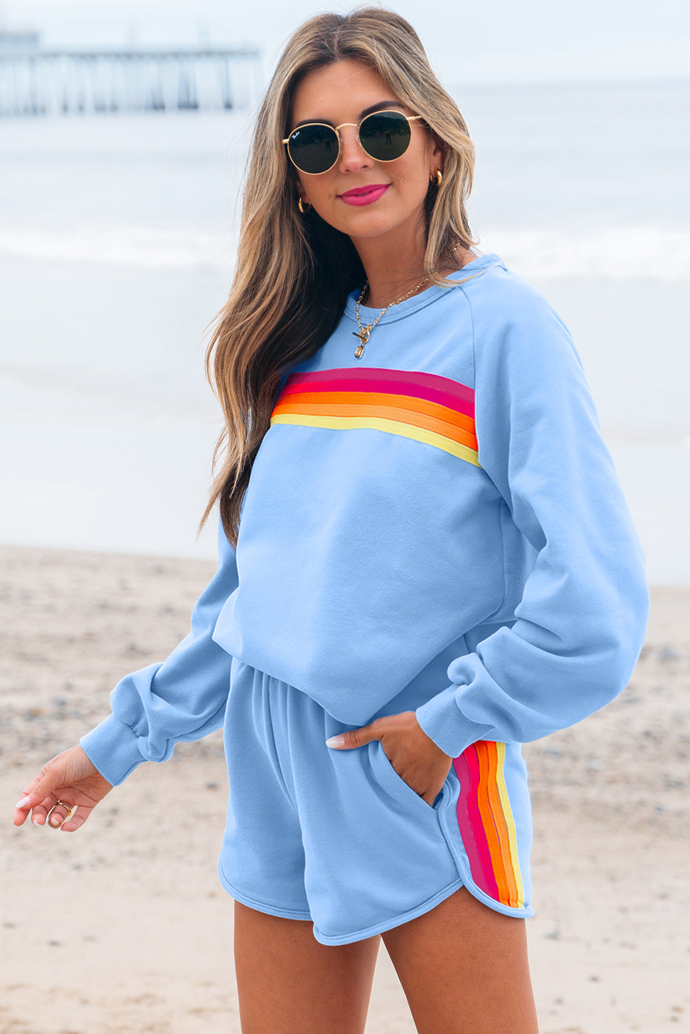 Beau Blue Accent Pullover and Shorts Two Piece Casual Set Short Sets JT's Designer Fashion