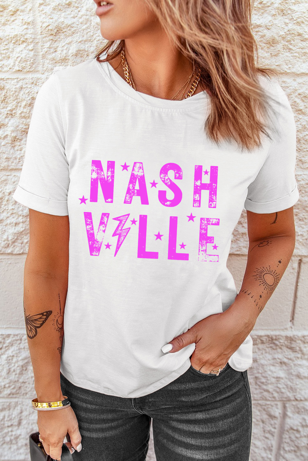 White NASHVILLE Star Graphic Crewneck T Shirt Graphic Tees JT's Designer Fashion