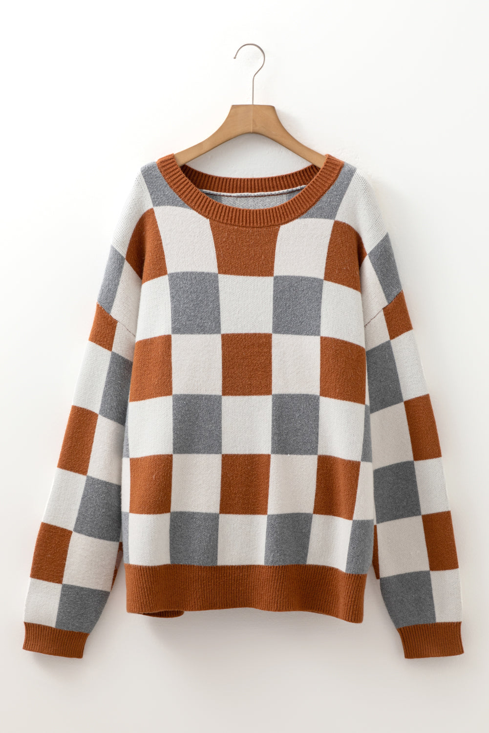 Brown Plus Size Checkered Crewneck Sweater Plus Size Sweaters & Cardigans JT's Designer Fashion