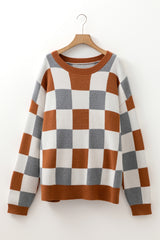 Brown Plus Size Checkered Crewneck Sweater Plus Size Sweaters & Cardigans JT's Designer Fashion