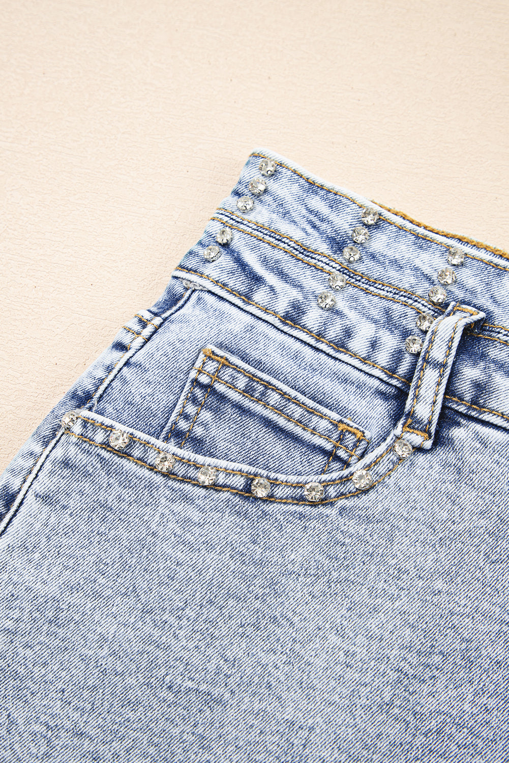 Beau Blue Rhinestone Light Wash Raw Hem High Waist Denim Shorts Denim Shorts JT's Designer Fashion