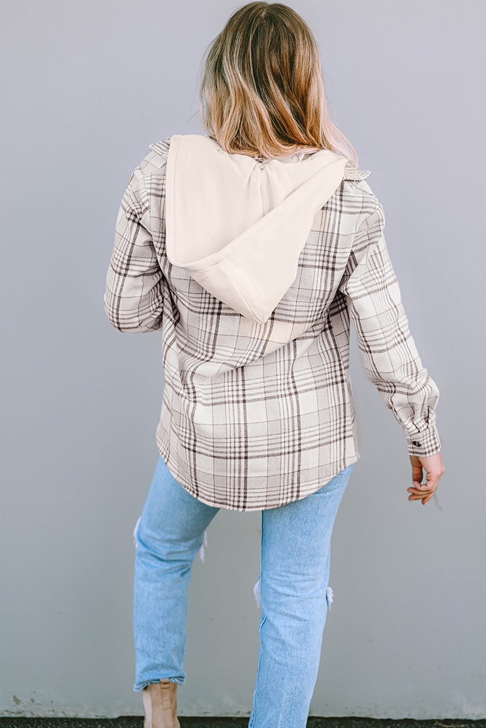 Khaki Plaid Removable Hood Buttoned Shacket Plaid Shackets JT's Designer Fashion