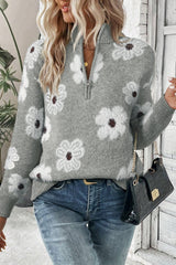 Gray Floral Pattern Half Zip Drop Shoulder Sweater Sweaters JT's Designer Fashion