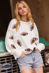 White Sequin Rugby Football Pattern Exposed Seam Game Day Sweatshirt Graphic Sweatshirts JT's Designer Fashion