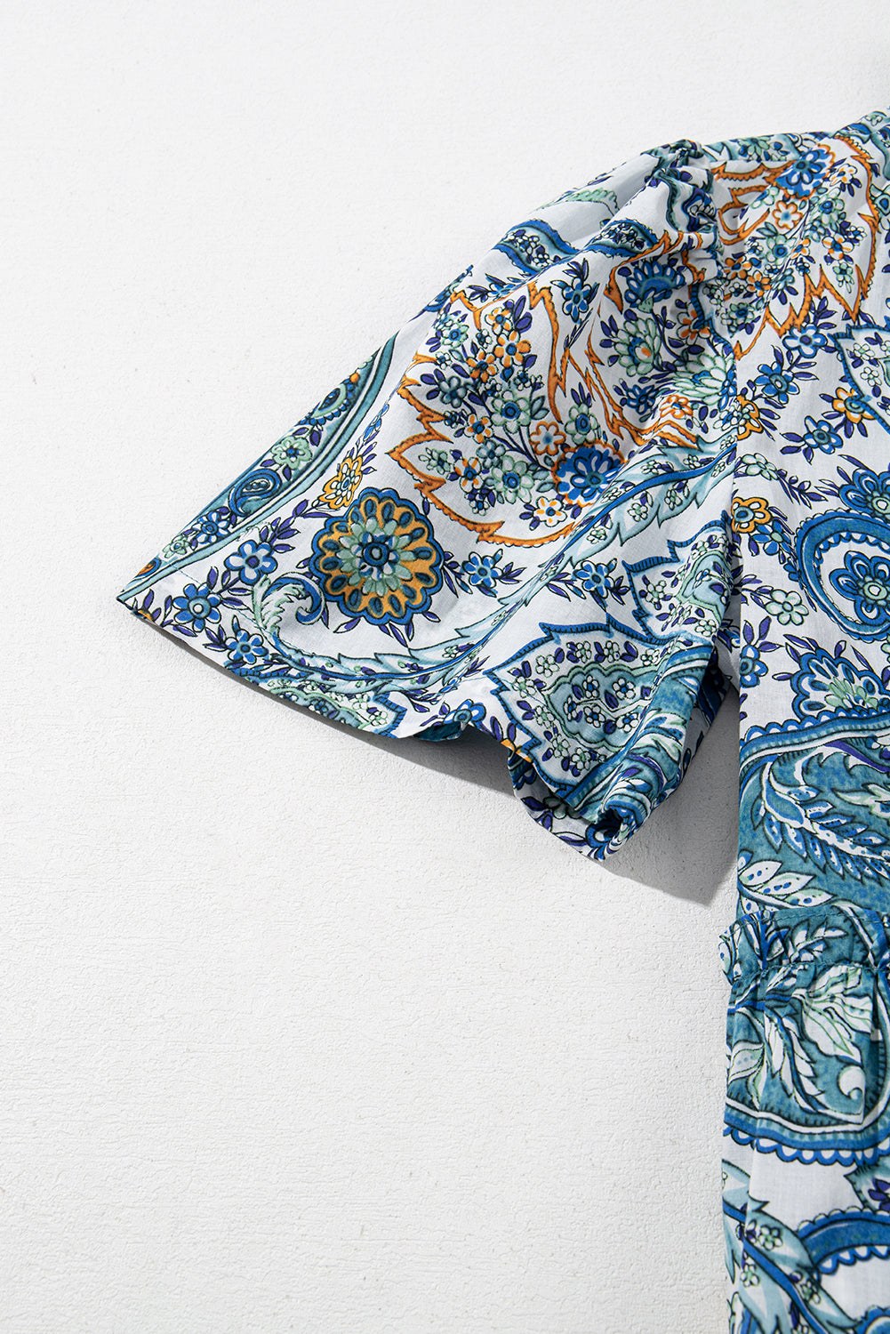 Blue Bohemian Paisley Floral V Neck Short Sleeve Mini Dress Floral Dresses JT's Designer Fashion