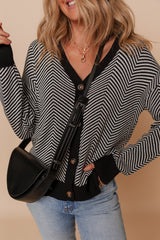 White Stripe Buttoned Front V Neck Herringbone Cardigan Cardigans JT's Designer Fashion