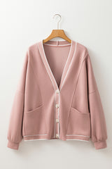 Pink Stripe Contrast Trim V Neck Buttoned Front Pocketed Knit Cardigan Cardigans JT's Designer Fashion