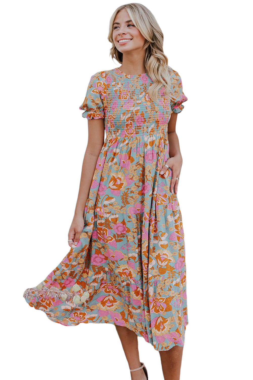 Sky Blue Floral Bubble Sleeve Smocked Flowy Ruffle Dress Floral Dresses JT's Designer Fashion