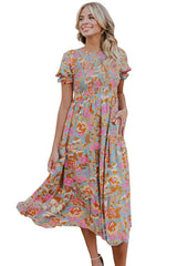 Sky Blue Floral Bubble Sleeve Smocked Flowy Ruffle Dress Floral Dresses JT's Designer Fashion