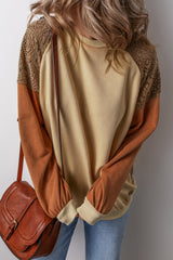 Khaki Lace Patchwork Colorblock Drop Shoulder Sweatshirt Sweatshirts & Hoodies JT's Designer Fashion
