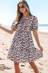 Brown Leopard Tied Front Keyhole Puff Short Sleeve Mini Dress Mini Dresses JT's Designer Fashion