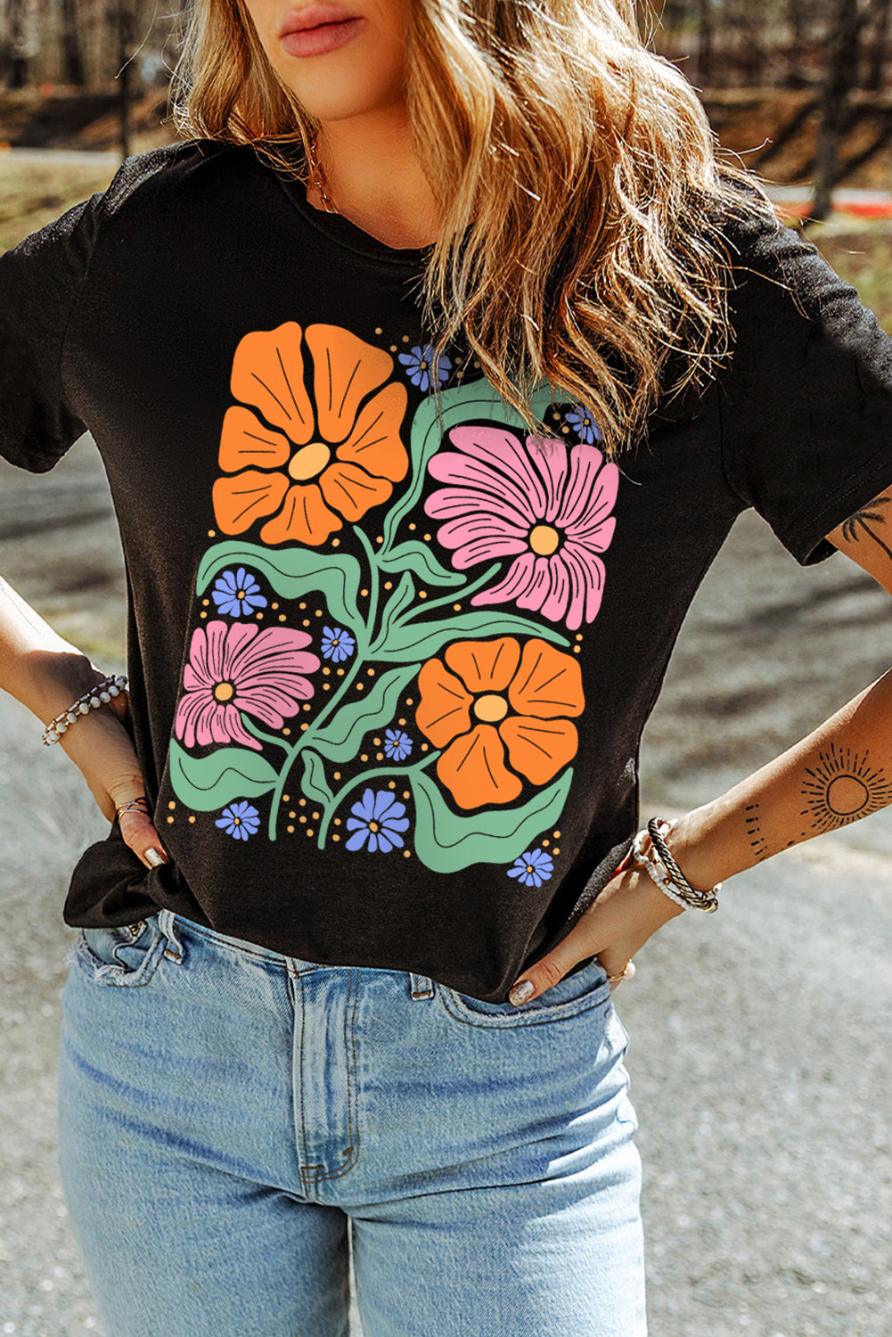 Black Colorful Flower Graphic Crewneck Summer Tee Graphic Tees JT's Designer Fashion