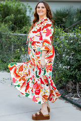Orange Floral Print Drawstring V Neck Tiered Plus Size Dress Plus Size Maxi Dresses JT's Designer Fashion