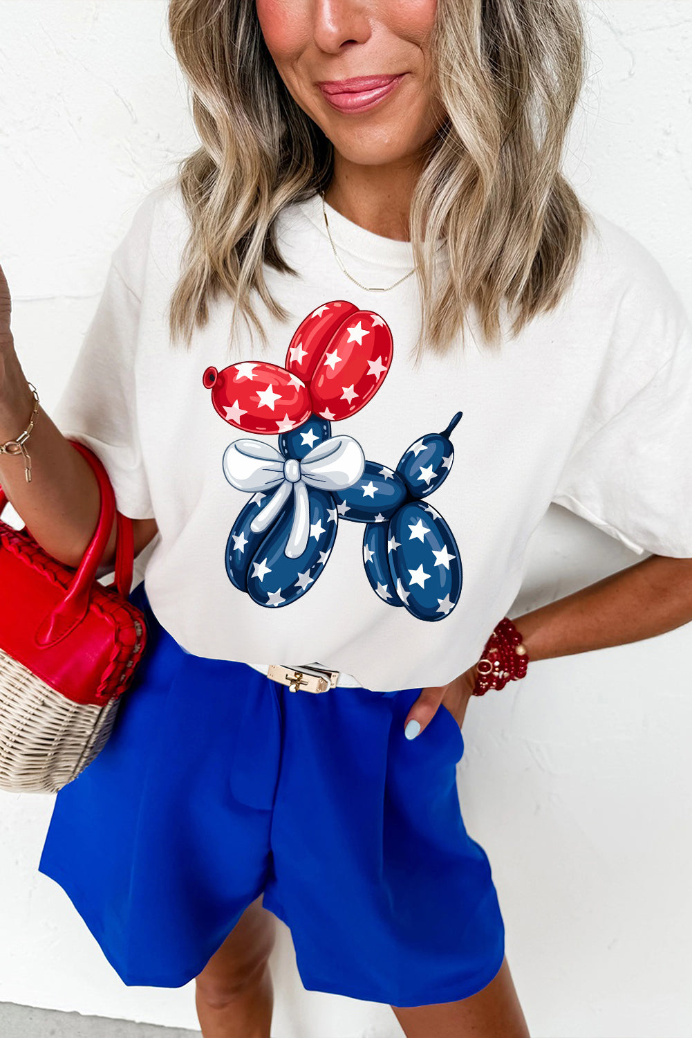 White American Flag Inspired Balloon Dog Graphic Cotton Blend T Shirt Graphic Tees JT's Designer Fashion