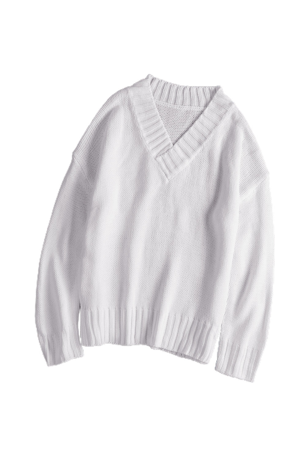 White V neck Drop Shoulder Knitted Sweater Sweaters & Cardigans JT's Designer Fashion