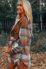 Cinnamon Plaid Corduroy Patchwork Chest Pocket Shacket Plaid Shackets JT's Designer Fashion