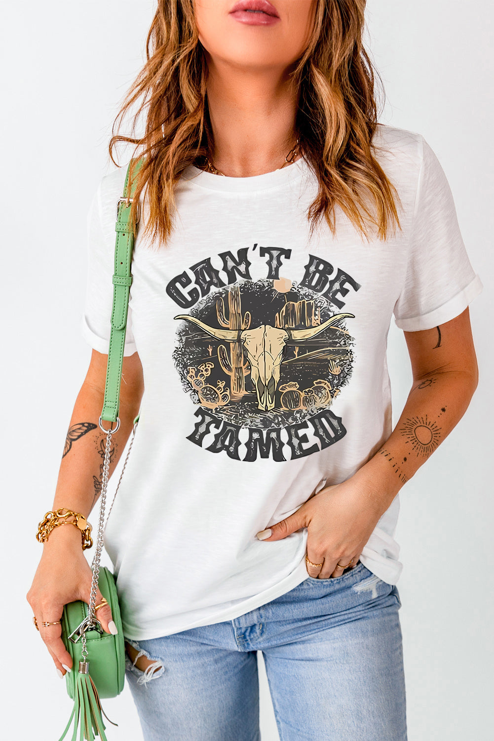 White Cant Be Tamed Western Steer Head Crew Neck T Shirt Graphic Tees JT's Designer Fashion