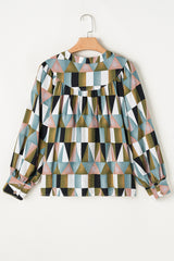 Green Geometric Print Buttoned Balloon Sleeve Loose Fit Shirt Blouses & Shirts JT's Designer Fashion