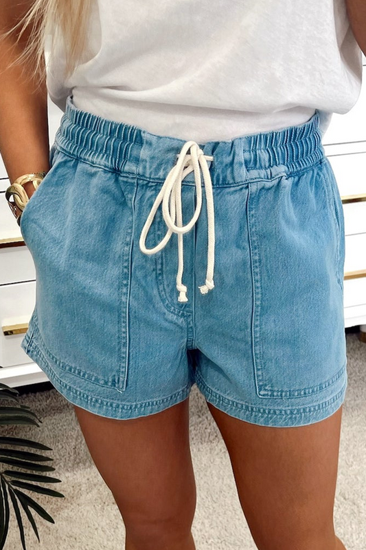 Beau Blue Contrast Drawstring Elastic Waist Denim Shorts Beau Blue 75%Cotton+23%Polyester+2%Elastane Denim Shorts JT's Designer Fashion