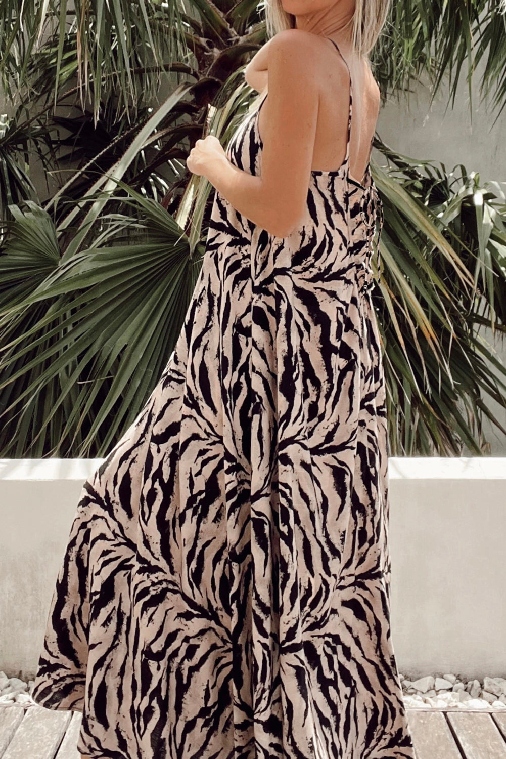 Black Abstract Print Open Back Boho Loose Long Sundress Maxi Dresses JT's Designer Fashion