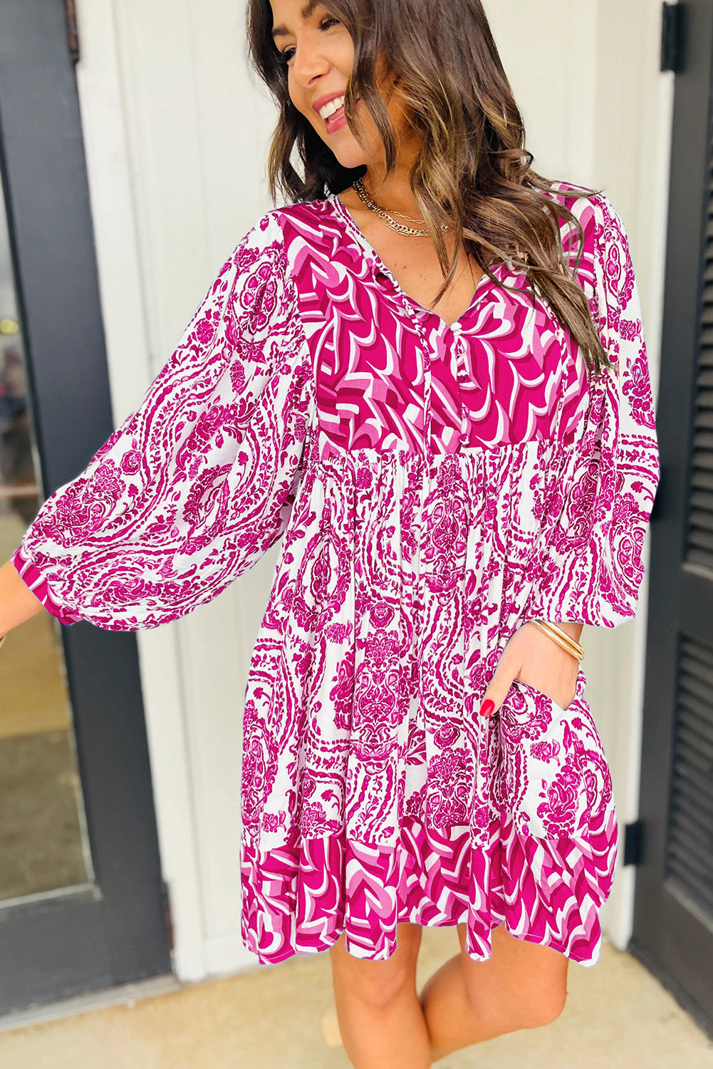 Rose Bohemian Print Puff Sleeve Tied V Neck Flared Mini Dress Mini Dresses JT's Designer Fashion