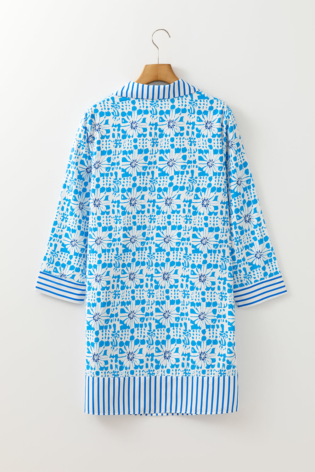 Sky Blue Contrast Striped Trim Floral Shift Fit Fall Dress JT's Designer Fashion