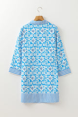 Sky Blue Contrast Striped Trim Floral Shift Fit Fall Dress JT's Designer Fashion