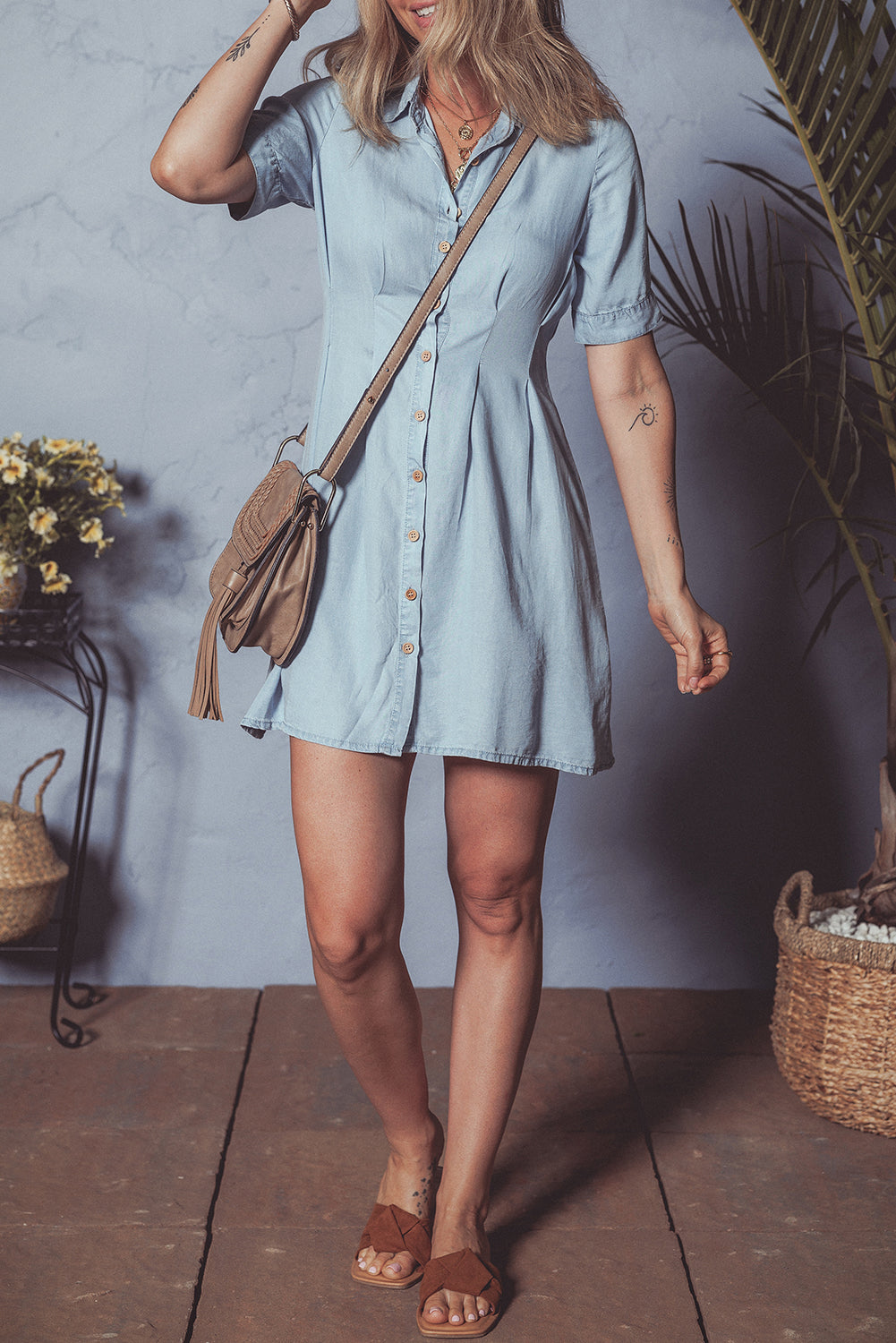 Myosotis Denim Pleated Slim Waist Short Sleeve Shirt Dress Dresses JT's Designer Fashion