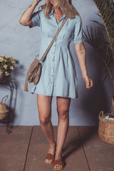 Myosotis Denim Pleated Slim Waist Short Sleeve Shirt Dress Dresses JT's Designer Fashion