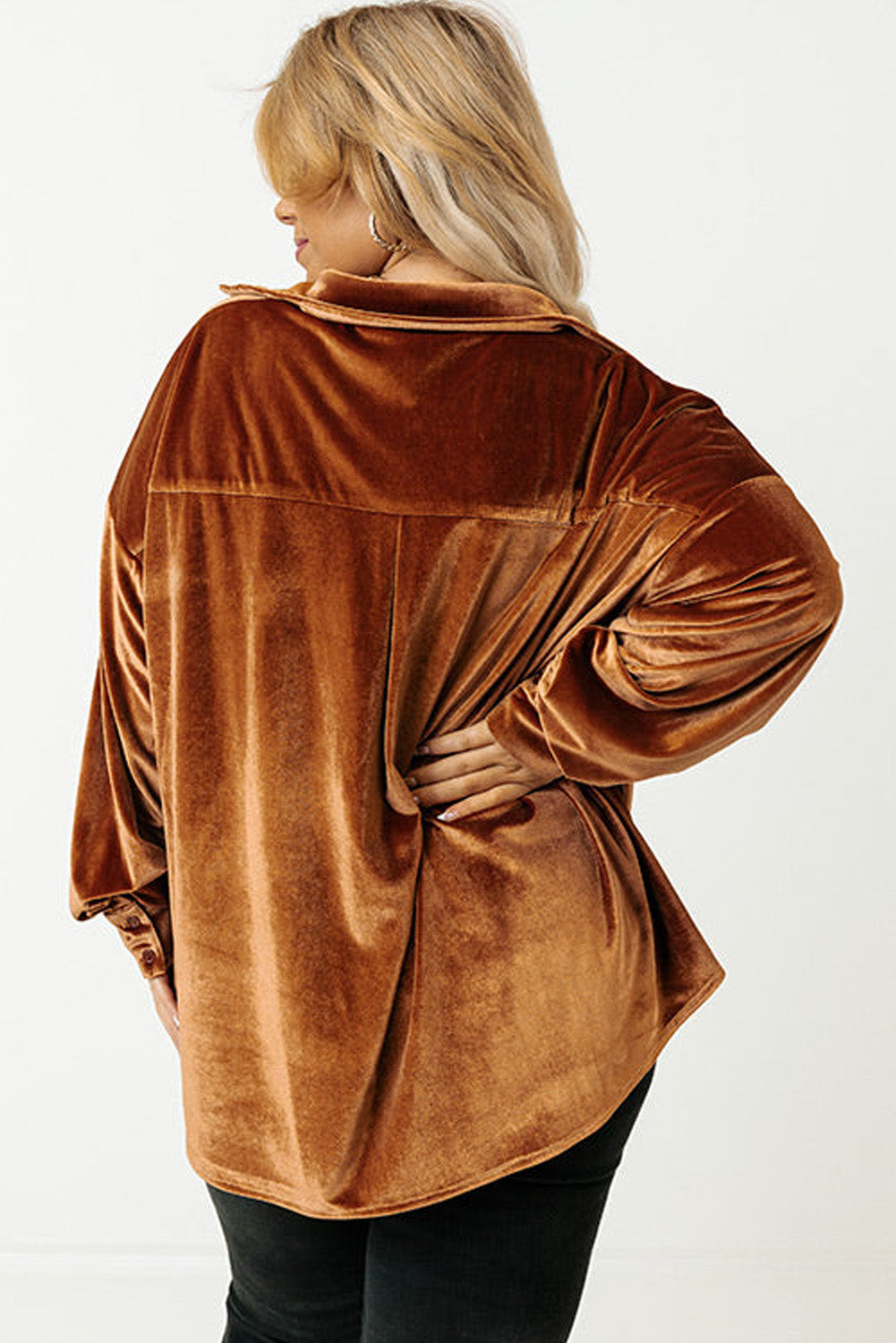 Chestnut Plus Size Velvet Chest Pocket Drop Shoulder Shirt Plus Size Blouses & Shirts JT's Designer Fashion