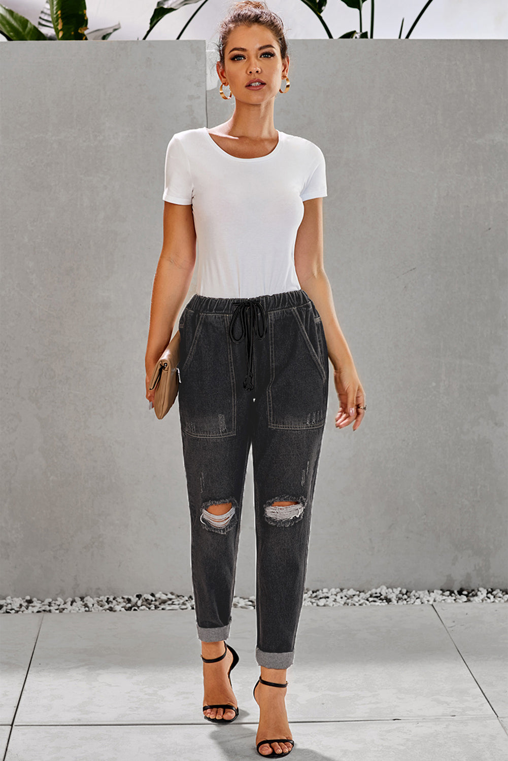 Black Gather Round Distressed Pocketed Denim Jogger Jeans JT's Designer Fashion
