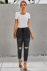 Black Gather Round Distressed Pocketed Denim Jogger Jeans JT's Designer Fashion