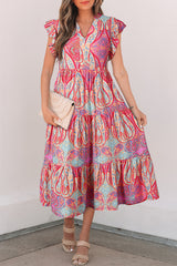 Rose Tribal Paisley Print Ruffled Sleeve Notch Neck Midi Dress Floral Dresses JT's Designer Fashion