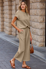 Parchment Solid Color Textured Short Sleeve Top and Casual Pants Set Pant Sets JT's Designer Fashion