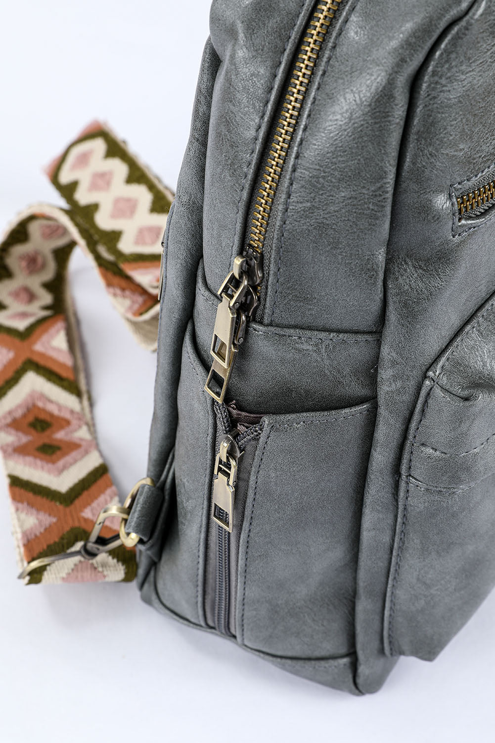 Gray Double Zipper Faux Leather Backpack Backpacks JT's Designer Fashion