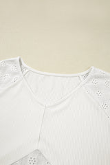 White Twisted Rib Patchwork Embroidered Loose V Neck Long Sleeve Top Blouses & Shirts JT's Designer Fashion