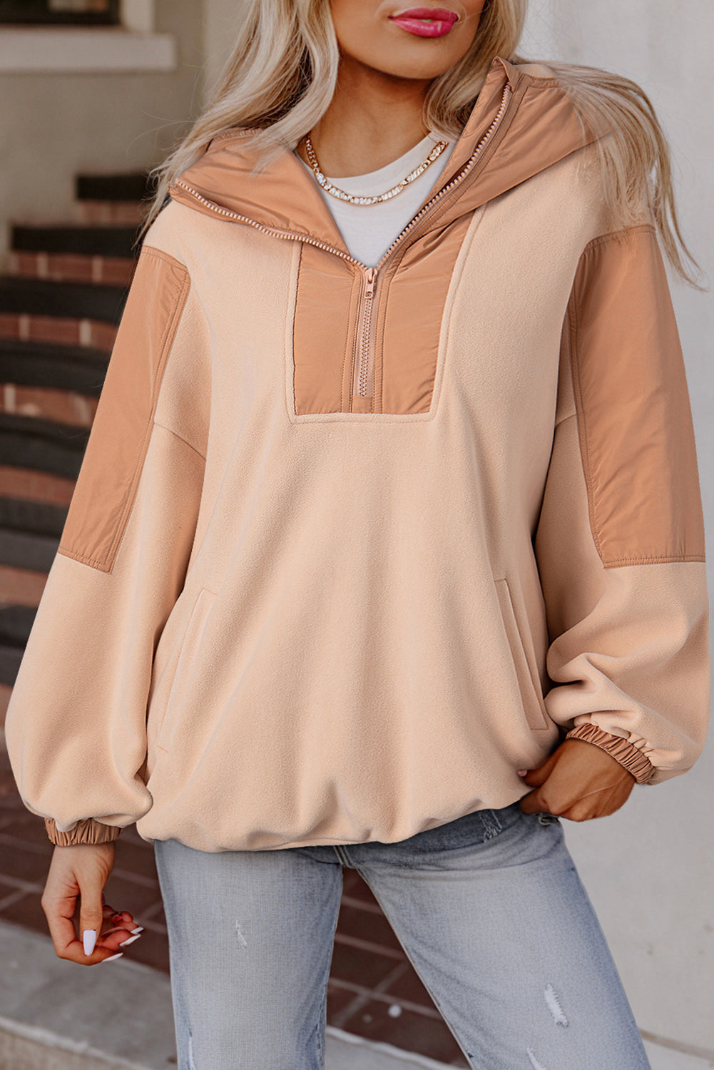 Light French Beige Colorblock Patchwork Half Zip Oversized Sherpa Hoodie Sweatshirts & Hoodies JT's Designer Fashion