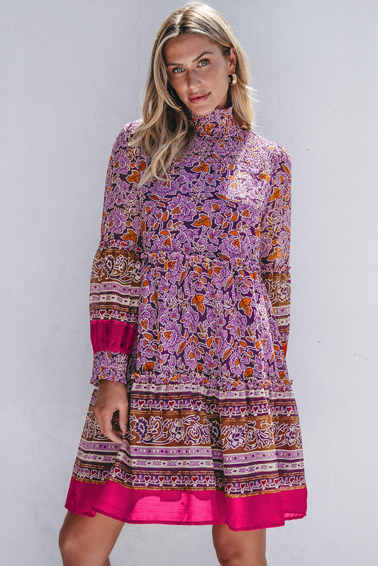 Purple Floral Smocked Puff Sleeve High Neck Mini Dress Purple 100%Polyester Floral Dresses JT's Designer Fashion