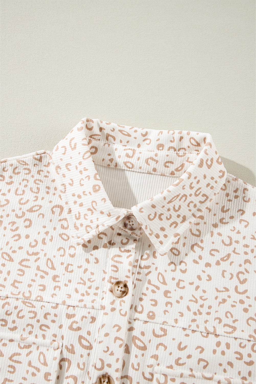Beige Leopard Print Flap Pockets Buttoned Corduroy Shacket Jackets JT's Designer Fashion